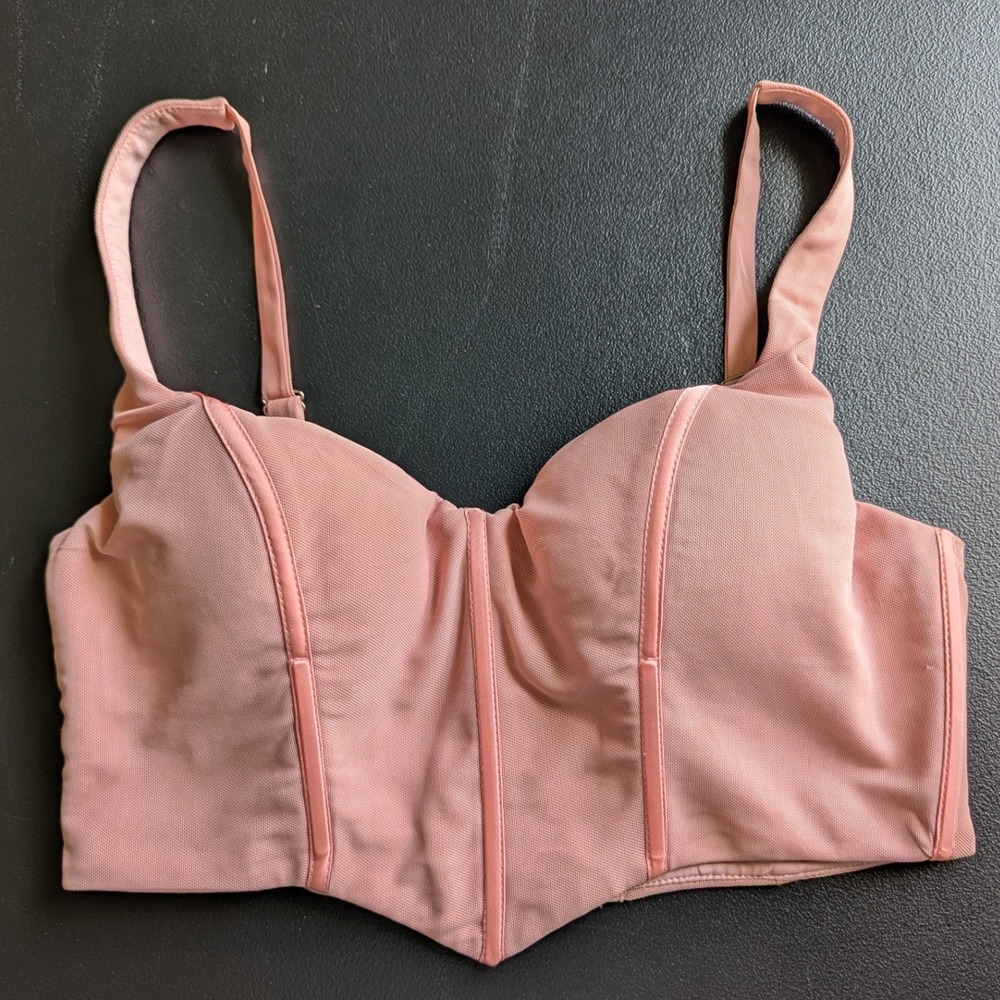 White Fox Boutique Pink Mesh Corset Crop Top Underwire Zip Back Large